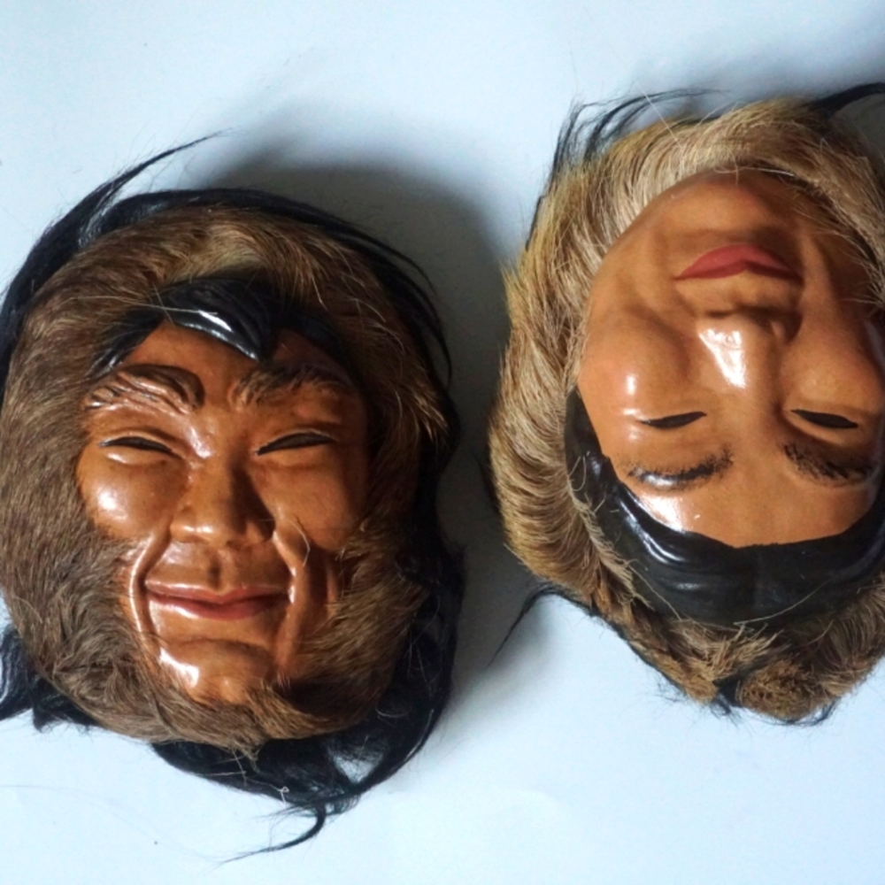1984 Alaska Native Eskimo Faces Wall Hanging Ceramic Shearling Sheep Fur
